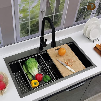 33x19 Black Kitchen Sink Drop In - 33 Inch Drop In Kitchen Sink Workstation, Black Stainless Steel Sinks, 16 Gauge Single Bowl Top Mount Workstation Sinks by Delironexu with 6 Accessories