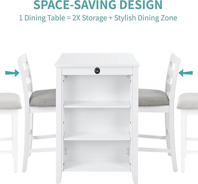 Bar Table Set with Charging Station & 3-Tier Storage, Space-Saving Dining Table Set for 2 with Upholstered Chairs, Small Kitchen Island for Apartment (36 Inch+White)