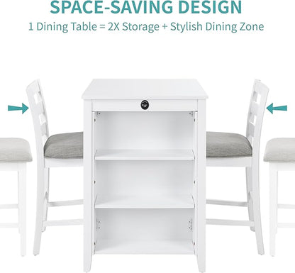 Bar Table Set with Charging Station & 3-Tier Storage, Space-Saving Dining Table Set for 2 with Upholstered Chairs, Small Kitchen Island for Apartment (36 Inch+White)