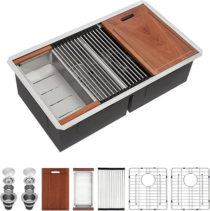 Sarlai 36 Inch Undermount Kitchen Sink Double Bowl Kitchen Sink Low-Divide Large Undermount Workstation16 Gauge Stainless Steel 50/50 Double Basin Under Counter Sinks