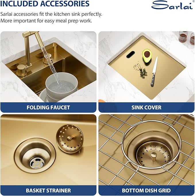 Sarlai Outdoor Sink, 15x17 Inch Gold Undermount Kitchen Sink Workstation with Foldable Faucet Bar Prep Single Bowl Gold Kitchen Sinks16 Gauge Stainless Steel BBQ Sinks with Cover 15"x17"x9“