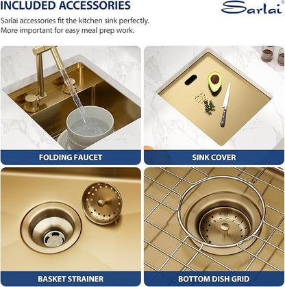 Sarlai Outdoor Sink, 15x17 Inch Gold Undermount Kitchen Sink Workstation with Foldable Faucet Bar Prep Single Bowl Gold Kitchen Sinks16 Gauge Stainless Steel BBQ Sinks with Cover 15"x17"x9“