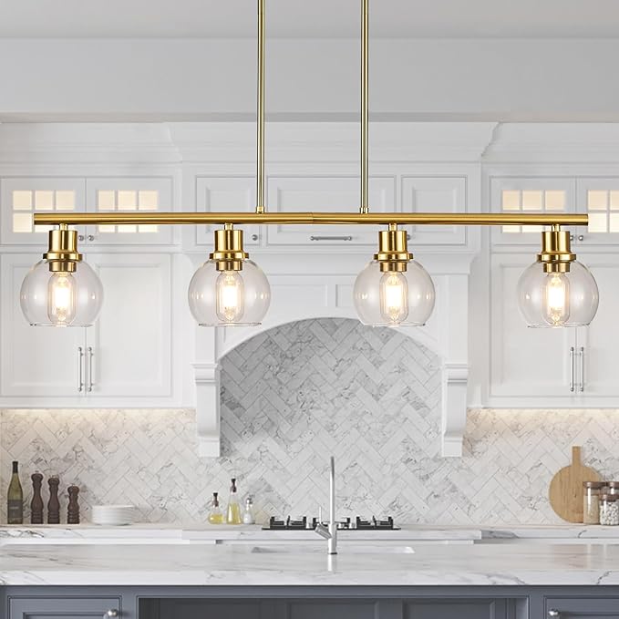 4-Light Linear Chandelier, Gold Chandelier Light Fixture, Kitchen Island Pendant Lighting with Clear Round Glass Shades