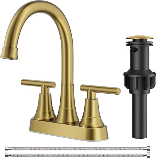 FORIOUS Brushed Gold Centerset Bathroom Faucets for Sink 2 or 3 Hole, 4 Inch Bathroom Sink Faucet with Pop up Drain and Lead-Free cUPC Hose, 360° spout, Two Handles for Restroom,Vanity, RV Remodel