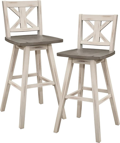 Lexicon Bar Height Bar Stools Set of 2-Solid Wood Frame 360° Swivel Wooden Stools, Foot Rest, X Back, Wide Seat, Distressed Farmhouse Easy to Clean Finish, 28.5" SH, Antique White/Grey