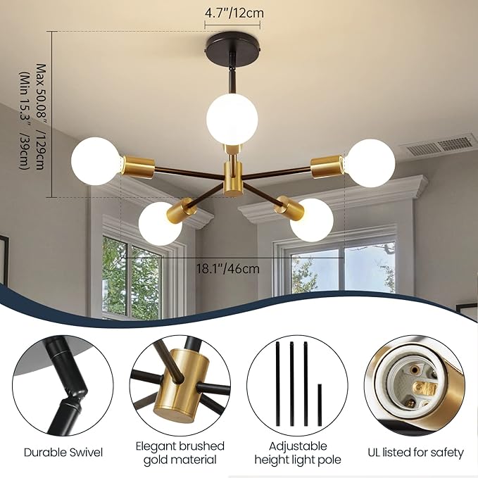 RUIYEY Modern Sputnik Light Fixture,Semi Flush Mount Ceiling Light Black and Gold Mid Century Chandeliers for Bedroom,Dining Room,Kitchen Island,Living Room,Bedroom,Farmhouse