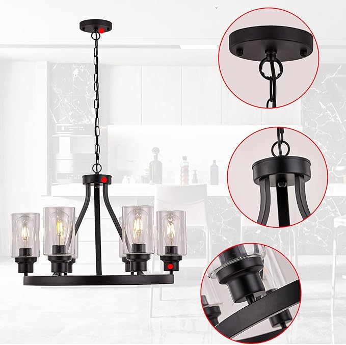 Farmhouse Chandelier for Dining Room Light Fixture Black Kitchen Pendant Light 6-Light Round Rustic Ceiling Hanging Lighting with Glass Globes Adjustable Height Metal E26