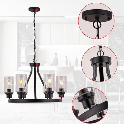 Farmhouse Chandelier for Dining Room Light Fixture Black Kitchen Pendant Light 6-Light Round Rustic Ceiling Hanging Lighting with Glass Globes Adjustable Height Metal E26