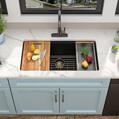 30 Granite Composite Kitchen Sink - Fulorni 30"x19" Granite Kitchen Sink Black Undermount Ledge Workstation Quartz Classic Matte Black Under Counter Large Single Bowl Luxury Sink Basin