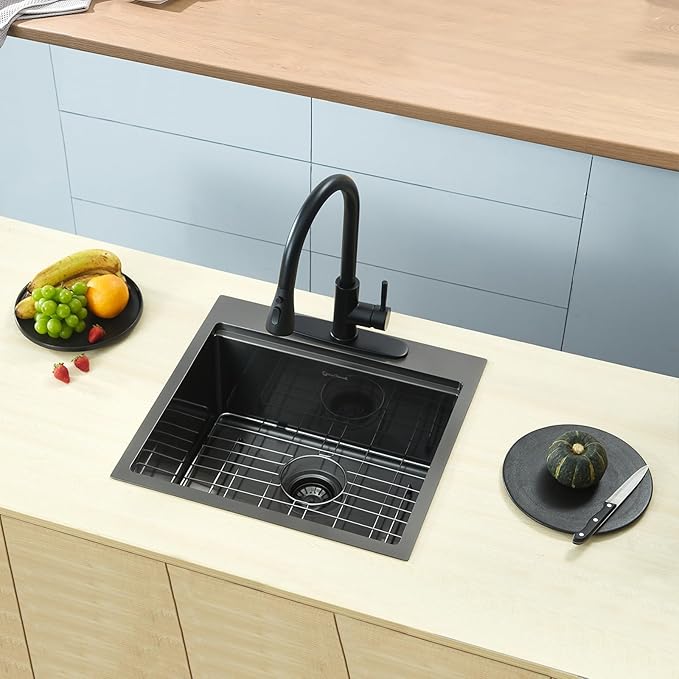 Kitchen Sink, 21 x 20 x 10 Drop in Kitchen Sink 16 Gauge Gunmetal Black Stainless Steel Workstation Sink Topmount Single Bowl with Cutting Board