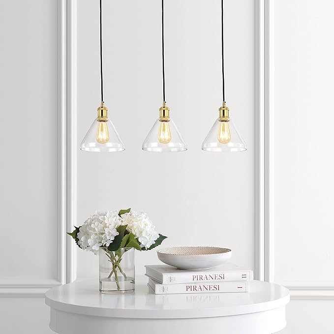JONATHAN Y 30.5" Brass Gold/Black 3-Light Iron and Glass Linear Pendant Light, Adjustable Height for Kitchen Island Dining Room, Modern Farmhouse, LED Bulbs Included JYL1123A