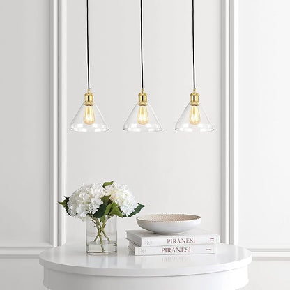 JONATHAN Y 30.5" Brass Gold/Black 3-Light Iron and Glass Linear Pendant Light, Adjustable Height for Kitchen Island Dining Room, Modern Farmhouse, LED Bulbs Included JYL1123A