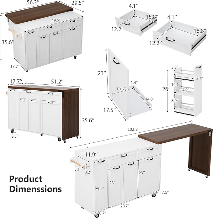 Kitchen Island with Extendable Dining Table Rolling Cart with Trash Storage Cabinet and 3-Tier Pull-Out Spice Rack for Dining Room Practical(White)