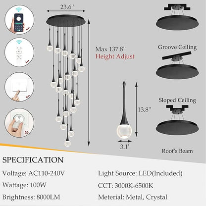 20 Light Crystal Chandelier for High Ceiling Dimmable LED Pendant Lights with Remote Adjustable Chandeliers for Staircase Foyer Living Room Black