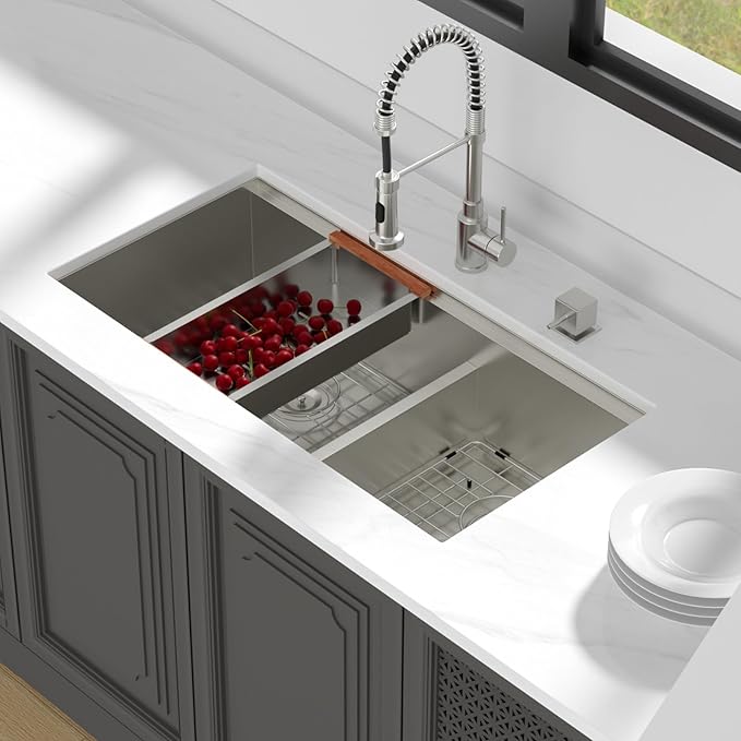 Lordear 36 Inch Double Bowl Kitchen Sink Ledge Workstation Sinks Double Bowl 60/40 Low Divide 16 Gauge Stainless Steel 36x19 Inch Undermount Kitchen Sinks
