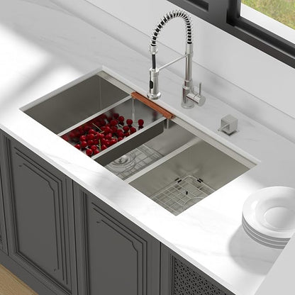 Lordear 36 Inch Double Bowl Kitchen Sink Ledge Workstation Sinks Double Bowl 60/40 Low Divide 16 Gauge Stainless Steel 36x19 Inch Undermount Kitchen Sinks