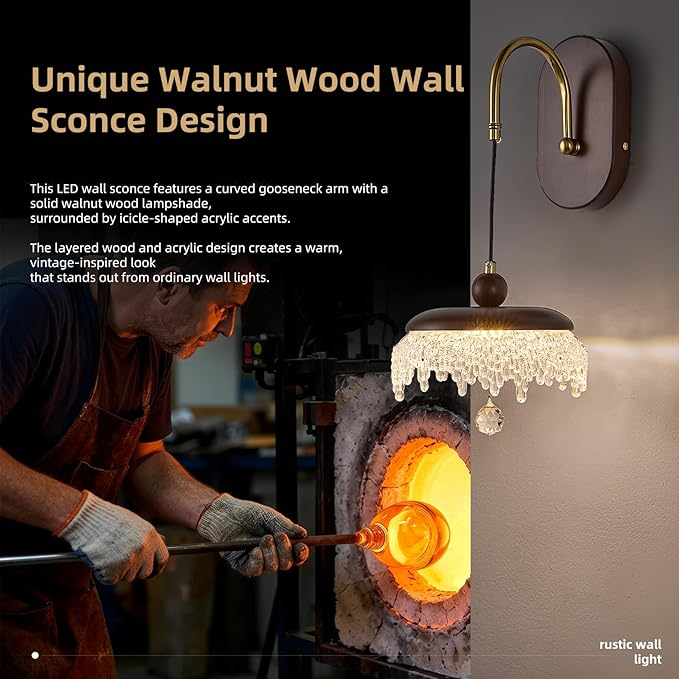 LED Wall Sconce,Wood Wall Light Fixtures,8" Indoor Hardwired Wall Light,Vintage Scones Lighting for Bedroom Living Room Bathroom Dining Room Hallway (1 Pack)