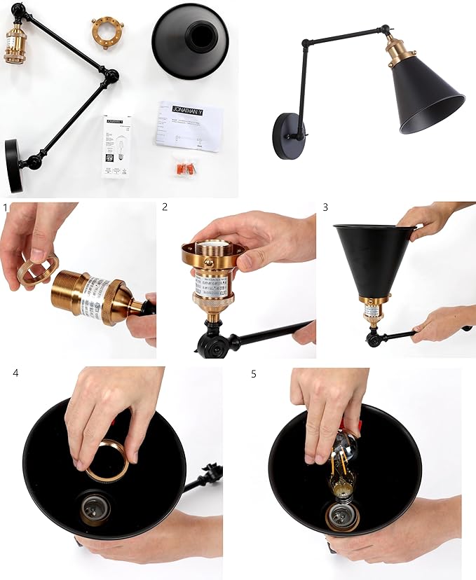 JONATHAN Y 7" White/Brass Gold Classic Industrial Metal Adjustable Arm LED Wall Sconce for Bedside Reading, Farmhouse Swing Arm Wall Lamp with Metal Shade, Hardwired (JYL7462B-SET2)
