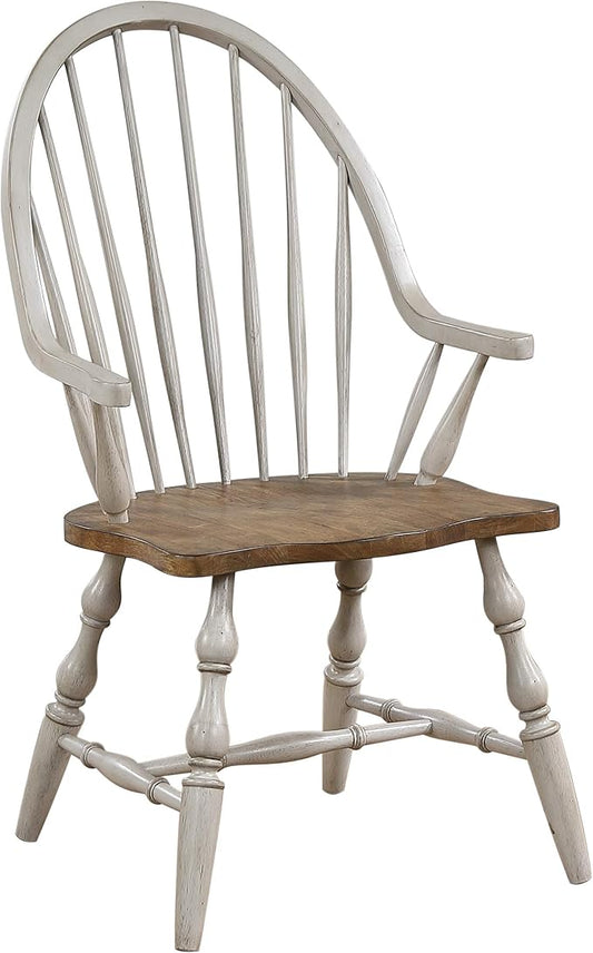 Sunset Trading Country Grove Windsor Spindleback Dining Chair with Arms | Fully Assembled Kitchen Armchair| Modern Farmhouse Minimalist Country Cottage | Distressed Gray and Brown Wood