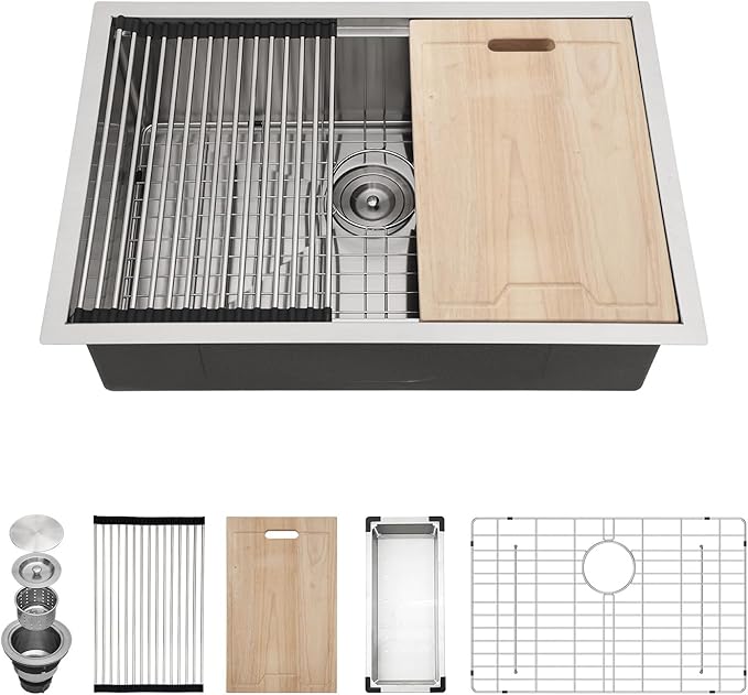 Kichae 28 Kitchen Sink Undermount Stainless Steel - 28x18 Inch Undermount Sink Ledge Workstation Stainless Steel Single Bowl Under Counter Kitchen Sinks Handmade Basin