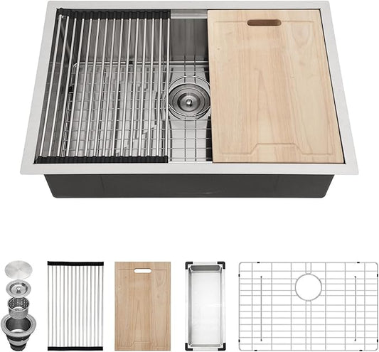 Kichae 28 Kitchen Sink Undermount Stainless Steel - 28x18 Inch Undermount Sink Ledge Workstation Stainless Steel Single Bowl Under Counter Kitchen Sinks Handmade Basin