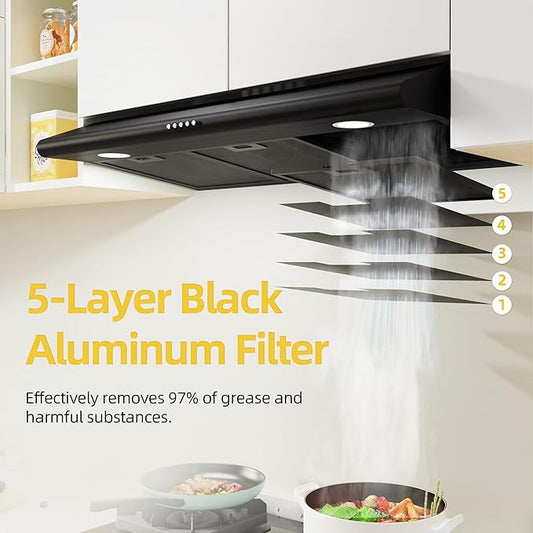 FIREGAS 36 Inch Black Under Cabinet Range Hood, 300 CFM Ducted/Ductless Convertible Kitchen Hood with 3-Speed Stove Vent Fan, LED Lights, Aluminum Filters & Charcoal Filters