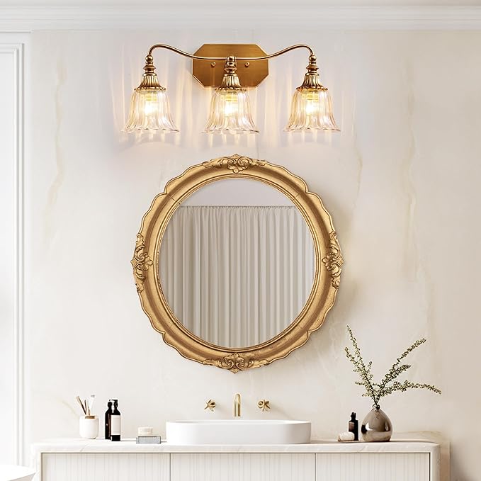 LmnLvn Gold Bathroom Vanity Light Fixture, 3 Lights Bathroom Lighting Matte Antique Brass Finish with Crystal Glass Shade, Gold Vintage Vanity Light for Bathrooms