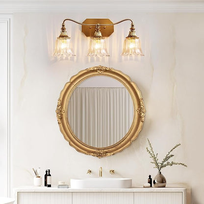 LmnLvn Gold Bathroom Vanity Light Fixture, 3 Lights Bathroom Lighting Matte Antique Brass Finish with Crystal Glass Shade, Gold Vintage Vanity Light for Bathrooms