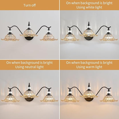Vintage Bathroom Vanity Light Fixtures - 3 Light Antique Matte Black Bathroom Lights Fixture Over Mirror with Amber Flower Glass,Retro High End Wall Mounted Vanity Lighting for Bath Powder Room