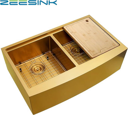 Gold Farmhouse Sink 33" X 20",Gold Kitchen Sink Double Bowl,33 inch Apron-Front Farmhouse Workstation Sinks,16 Gauge Stainless Steel Double Kitchen Sink