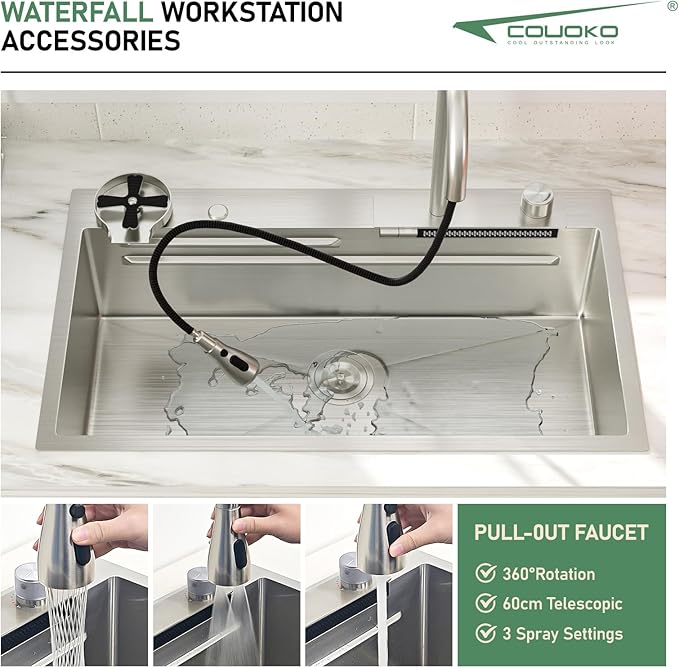 33 Inch Drop In Waterfall Kitchen Sink Workstation Smart 16 Gauge Stainless Steel Single Bowl Waterfall Sinks with Faucet Combo and Cup Washer Set