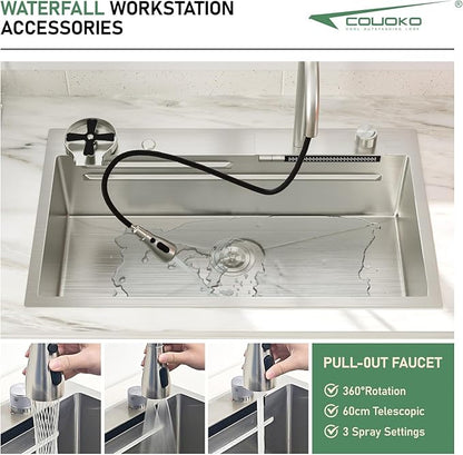 33 Inch Drop In Waterfall Kitchen Sink Workstation Smart 16 Gauge Stainless Steel Single Bowl Waterfall Sinks with Faucet Combo and Cup Washer Set