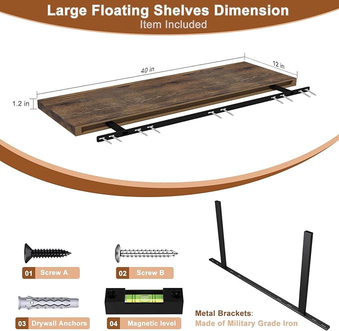 40 Inch Rustic Floating Shelf 1 Pack Large Floating Shelves for Wall No Drilling Accessories Included Deep Wall Shelves for Living Room Kitchen Farmhouse 40" W x 12" D x 1.2" Rustic Brown