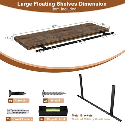 40 Inch Rustic Floating Shelf 1 Pack Large Floating Shelves for Wall No Drilling Accessories Included Deep Wall Shelves for Living Room Kitchen Farmhouse 40" W x 12" D x 1.2" Rustic Brown