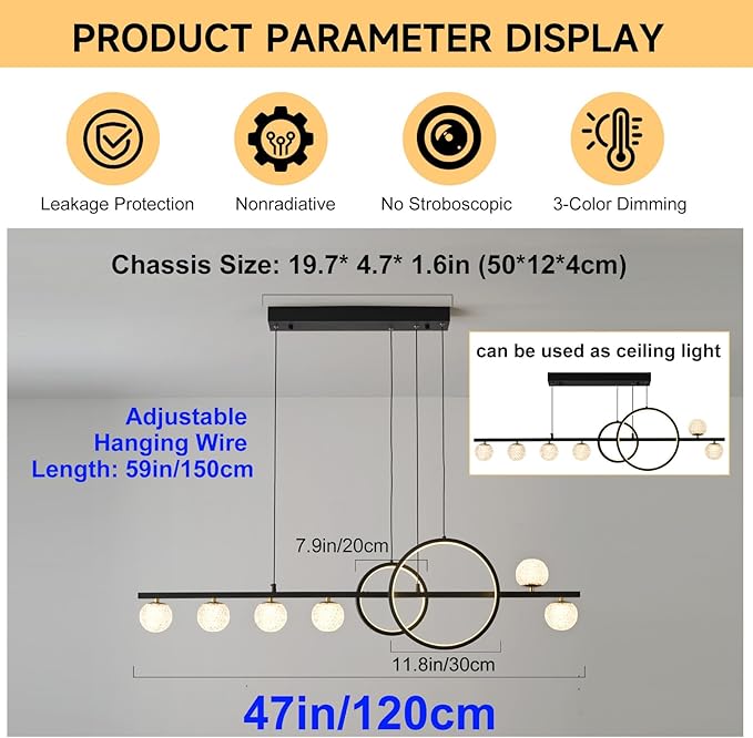ORANOOR Modern Black Gold Chandeliers for Dining Room, 47in Dimmable LED Chandelier Linear Pendant Light for Kitchen Island, Upgraded 6 Globe Hanging Pendant Chandelier Lighting (2 Rings, 4200lm)
