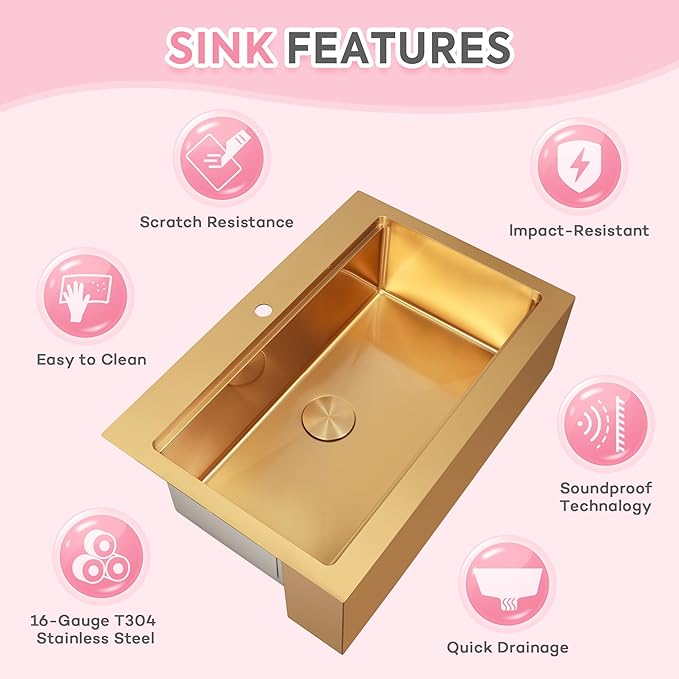 Rhbamoa 36 Inch Gold Farmhouse Sink,16-Gauge T304 Stainless Steel Drop in Kitchen Sinks,Gold Single Bowl Apron Front Kitchen Farm Sink,Deep Topmount Workstation Sinks with All Accessories