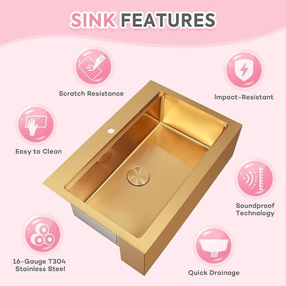 Rhbamoa 33 Inch Gold Farmhouse Sink,16 Gauge T304 Gold Single Bowl Apron Front Kitchen Farm Sink,10 Inch Depth Topmount Farmhouse Kitchen Sinks with All Golden Accessories