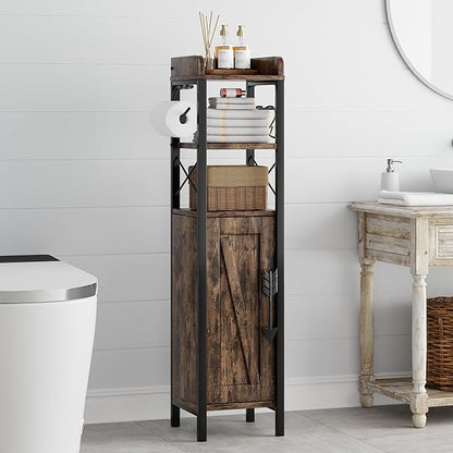 VECELO Small Bathroom Storage Cabinet, Slim Toilet Paper Holder with Shelves & Metal Racks, Organizer Cabinet for Narrow Spaces, Rustic Brown, Farmhouse Style