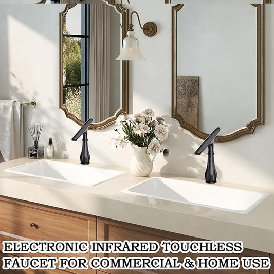Touchless Bathroom Faucet, Matte Black Smart Motion Sensor Bathroom Sink Faucets 1 Hole with Cover Plate, Mixing Valve, Battery Powered for Commercial Lavatory, Home