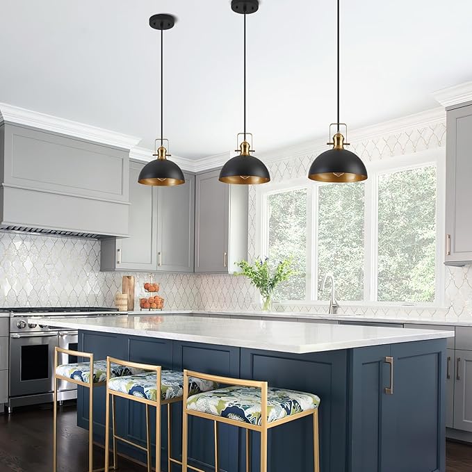 12 Inch Pendant Lights for Kitchen Island Matte Blacks Farmhouse Pendant Light fixtures Adjustable Height Dome Hanging Light for Dinning Room Bedroom Hallway,1 Pack