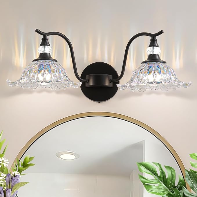 Vintage Bathroom Vanity Light Fixtures - 2 Light Iridescent Flower Glass Antique Matte Black Bathroom Light Fixture Over Mirror,Retro High End Wall-Mounted Vanity Lighting for Bath Powder Room
