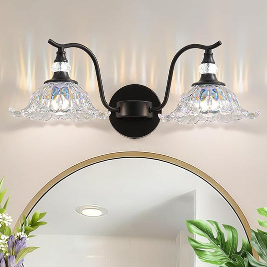 Vintage Bathroom Vanity Light Fixtures - 2 Light Iridescent Flower Glass Antique Matte Black Bathroom Light Fixture Over Mirror,Retro High End Wall-Mounted Vanity Lighting for Bath Powder Room