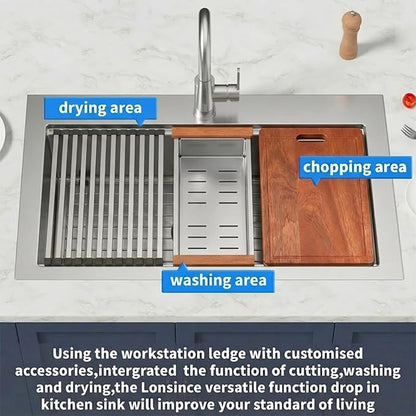 Drop In Kitchen Sink 36" X 22",Top Mount 16 Gauge Stainless Steel Workstation Sink,Deep & Large Single Bowl Kitchen Sinks