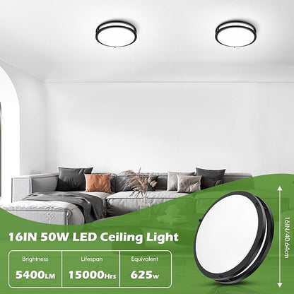 GoBright 16 Inch 50W LED Ceiling Lights, Dimmable Black Flush Mount Ceiling Light, 2700K/3000K/4000K/5000K/6500K Adjustable, 5400LM Super Bright Ceiling Lamp for Bedroom Kitchen Office, 1-Pack