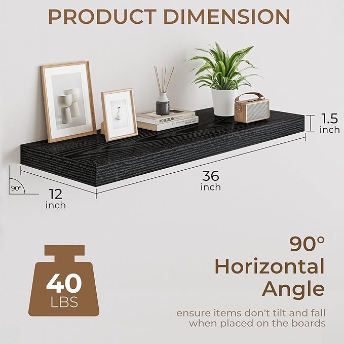 RICHFOCUS Deep Floating Shelves for Wall 2 Pack 12" D 36 Inch Wall Shelves for Room Wall|Wood Hanging Shelf with Invisible Brackets for Bathroom Bedroom Kitchen Laundry Room, Black
