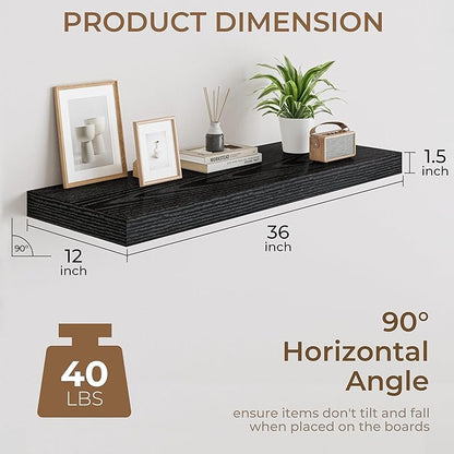 RICHFOCUS Deep Floating Shelves for Wall 2 Pack 12" D 36 Inch Wall Shelves for Room Wall|Wood Hanging Shelf with Invisible Brackets for Bathroom Bedroom Kitchen Laundry Room, Black