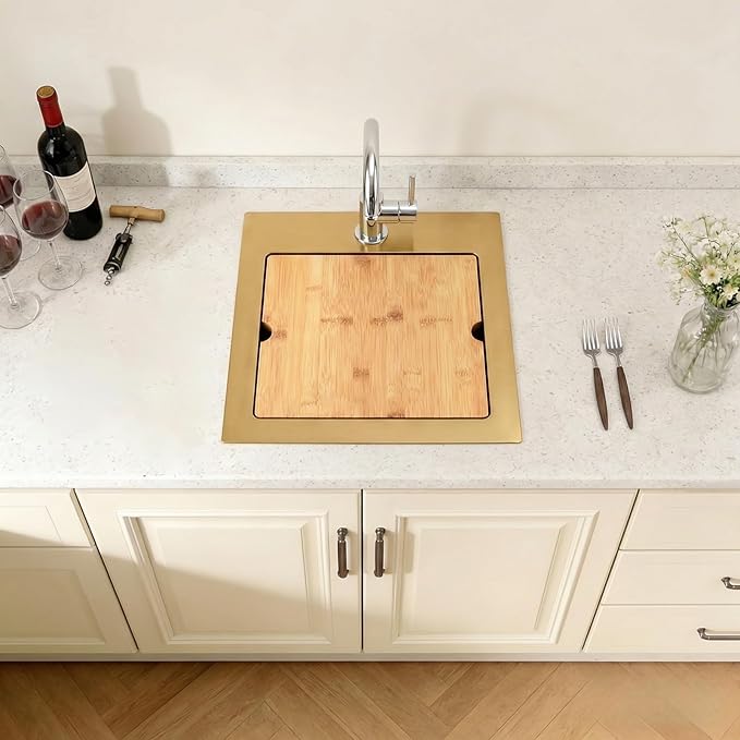 Gold Bar Sink,15 Inch Drop In Gold Kitchen Sink, 15" x 15" x 9" Small but Deep Single Bowl RV Kitchen Sinks, 16 Gauge SUS304 Stainless Steel All In One Workstation Sinks with Accessories