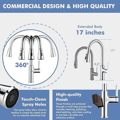 Kitchen Faucet with Pull Down Sprayer Tall Single Handle High Arc Kitchen Sink Faucet Faucet for Kitchen Sink 3-Function Sprayer 17 Inch,Chrome