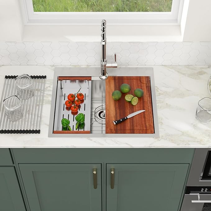 25x22 Drop in Kitchen Sink 25x22x9 Inch Workstation Stainless Steel Sinks 16 Gauge Topmount Single Bowl Kitchen Bar Sink Bowl