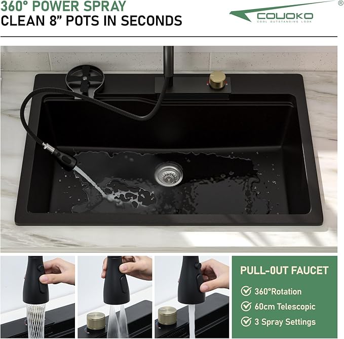 33x22 Drop In Waterfall Kitchen Sink Black 33 Inch Granite Composite Smart Kitchen Sink Multifunction Single Bowl Top Mount Black Multifunctional Waterfall Smart Sinks with Faucet Combo Glass Rinser